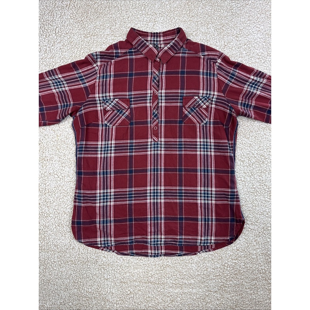 KUHL Women's Flannel Shirt Plaid 1/2 Snap Button Down 90s Throwback Size L Red